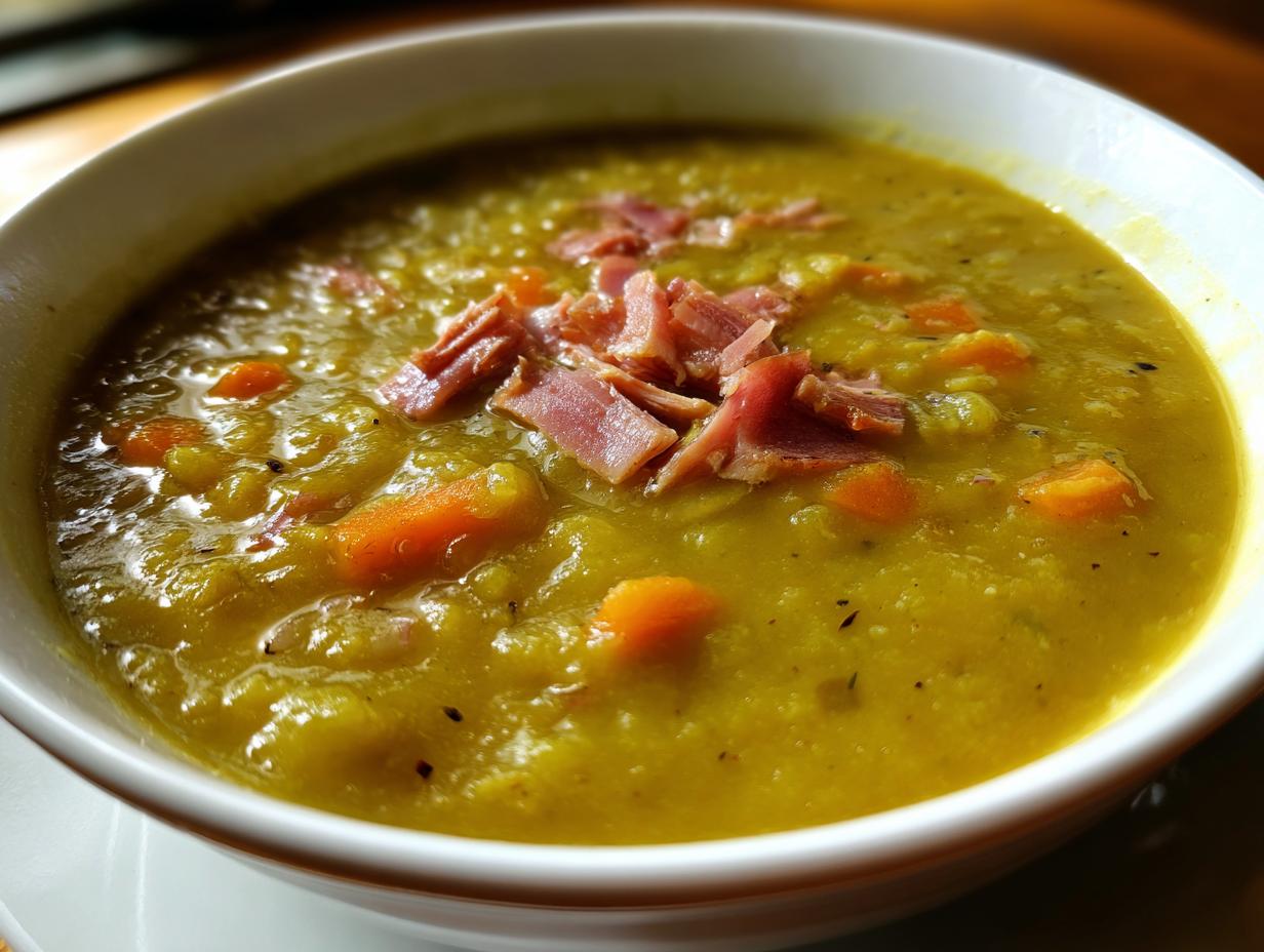 Close-up of a white bowl filled with thick, yellow-green pea soup, topped with diced ham and visible carrot pieces.