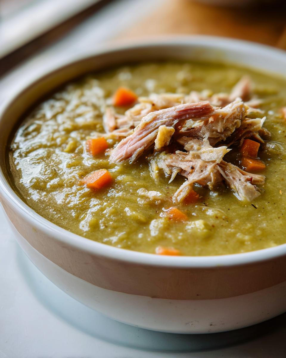 Close-up of a thick, green pea soup topped with shredded meat and diced carrots in a white bowl.