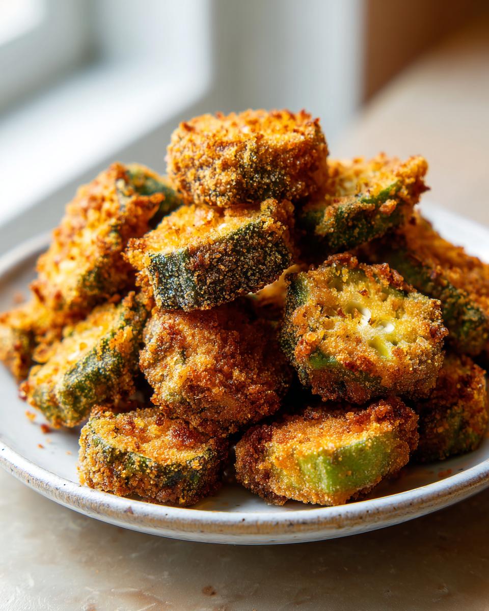 A tall stack of golden brown, crispy fried okra slices piled high on a light-colored plate.
