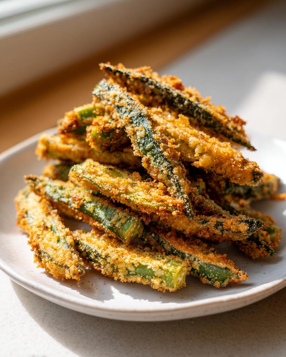 A close-up stack of golden, crispy fried okra sticks piled high on a light-colored plate.