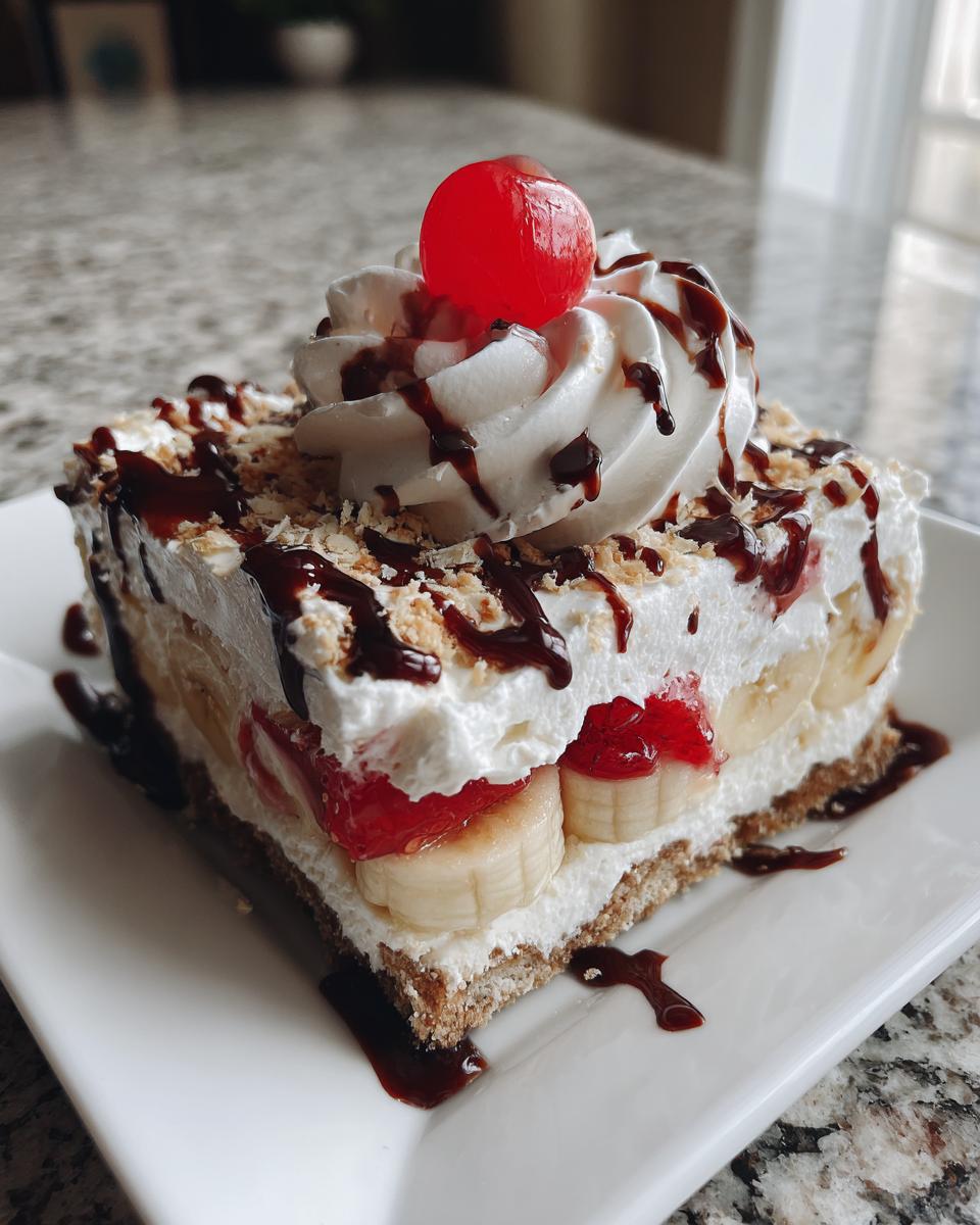 A perfect square slice of banana split cake featuring layers of crust, cream, bananas, strawberries, topped with whipped cream, chocolate syrup, and a maraschino cherry.