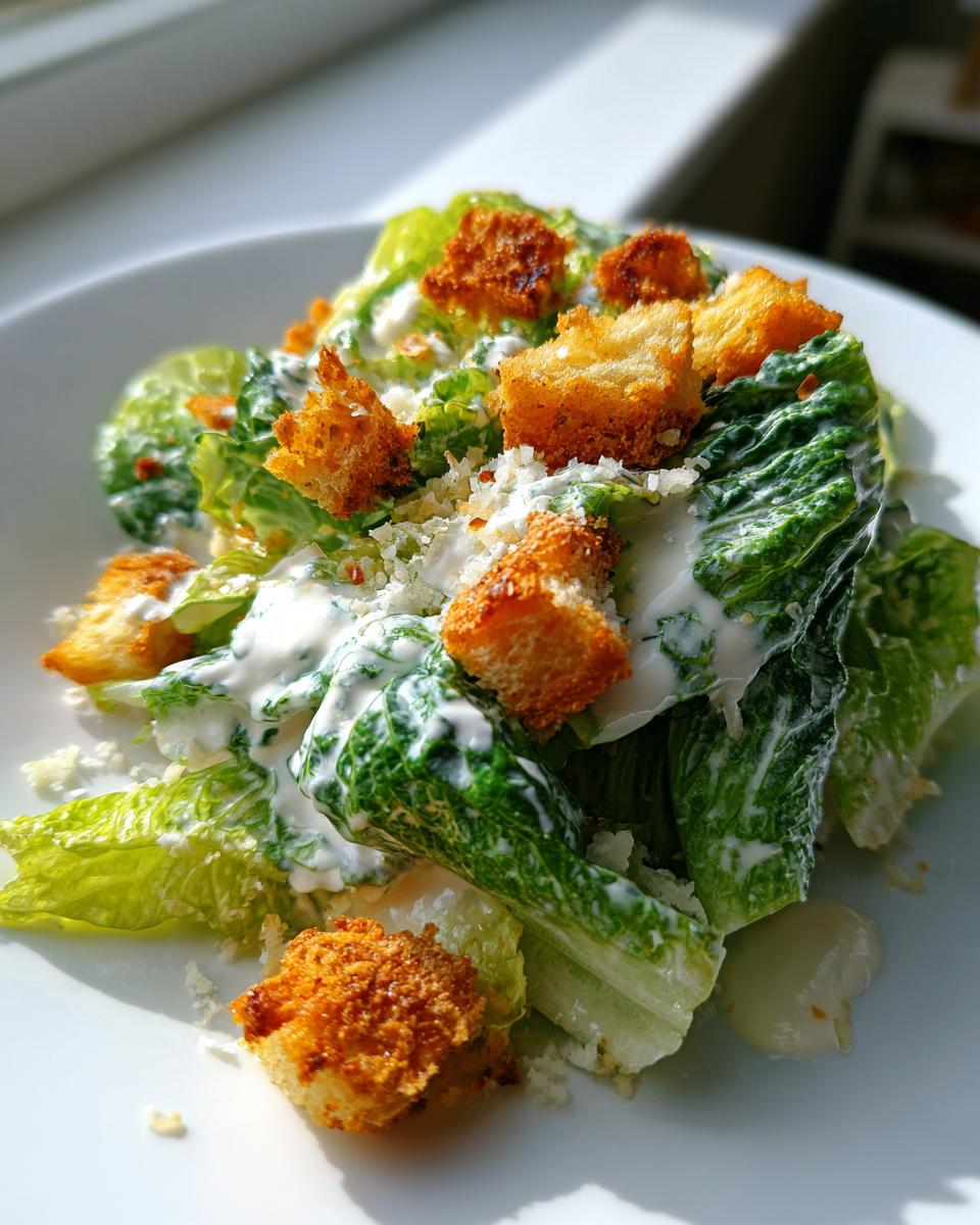 A vibrant close-up of a fresh caesar salad featuring crisp romaine lettuce, creamy dressing, golden croutons, and grated Parmesan.