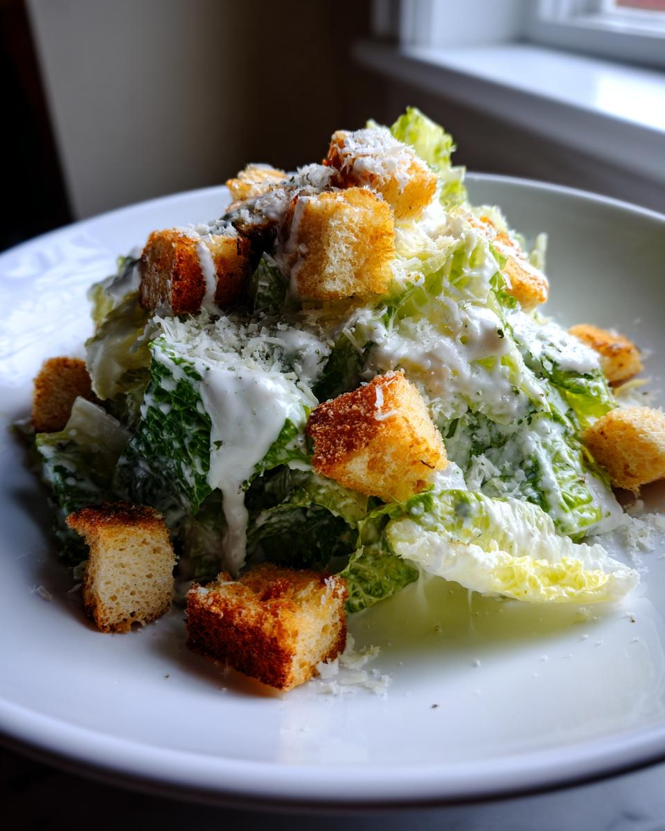 Close-up of a fresh caesar salad featuring crisp romaine lettuce, creamy dressing, grated Parmesan, and golden croutons.