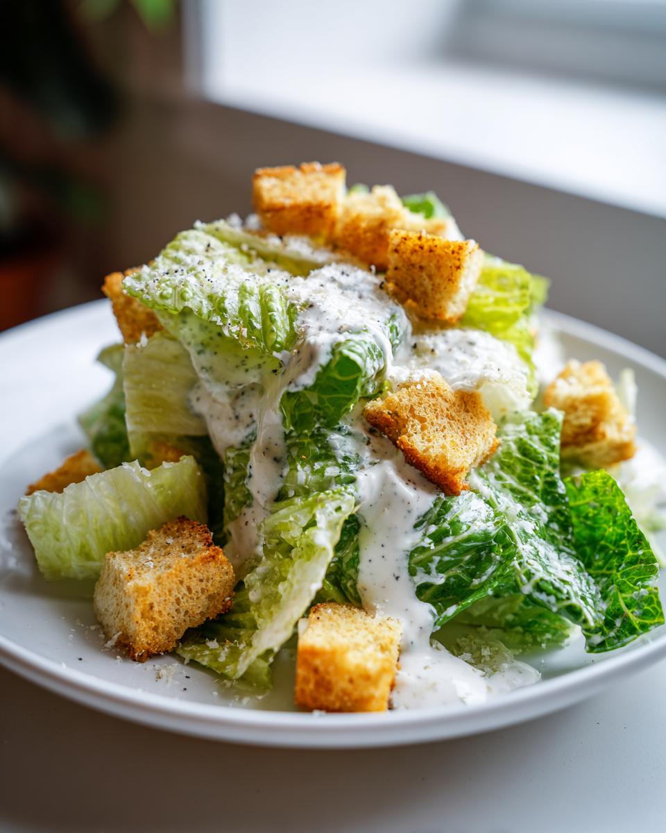 A close-up shot of a fresh caesar salad featuring crisp romaine lettuce generously topped with creamy dressing, croutons, and grated cheese.