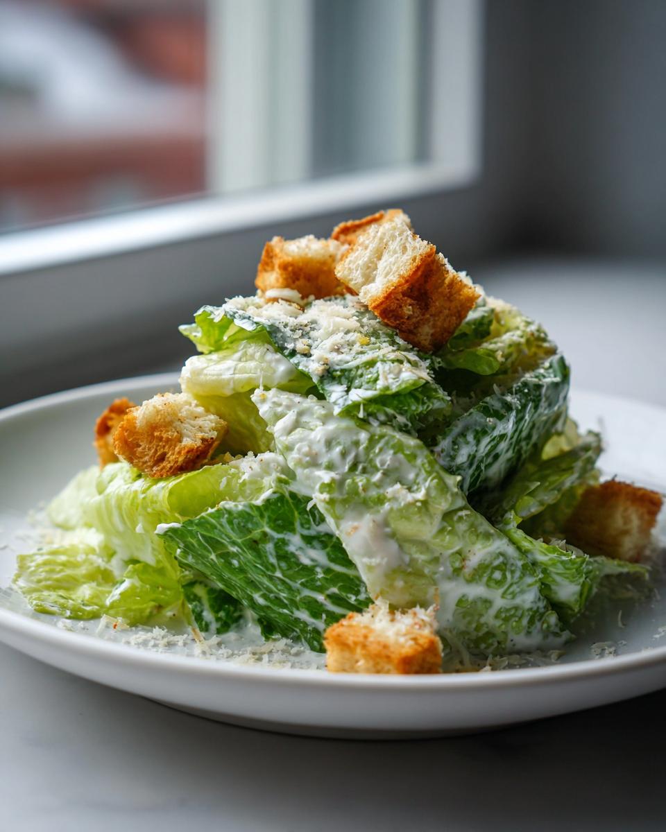 A vibrant close-up of an amazing caesar salad featuring crisp romaine lettuce tossed in creamy dressing, topped with croutons and grated parmesan.