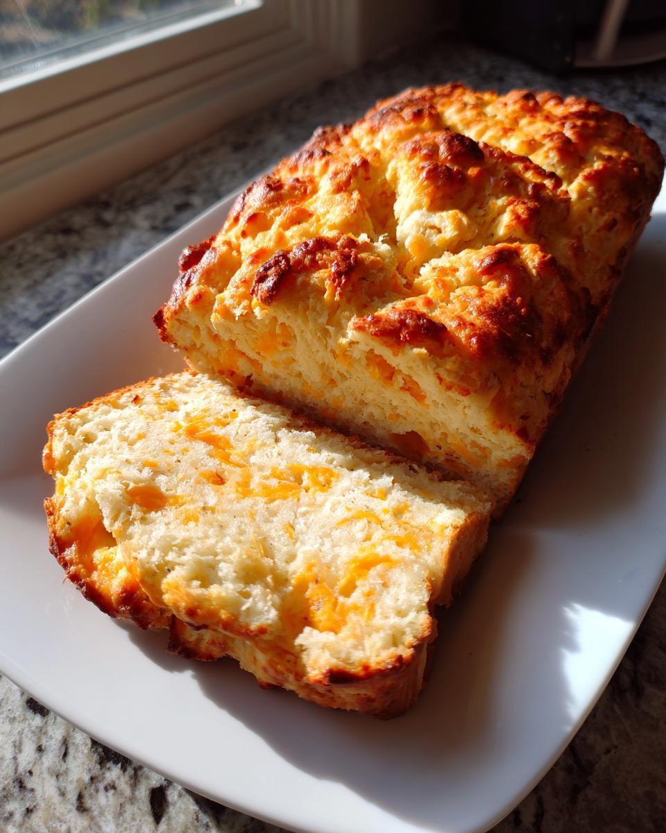 A freshly baked loaf of cheese bread, partially sliced, showing melted cheddar cheese throughout the crumb.