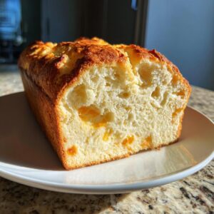A loaf of homemade cheese bread, sliced to show the fluffy interior and melted cheese pockets.