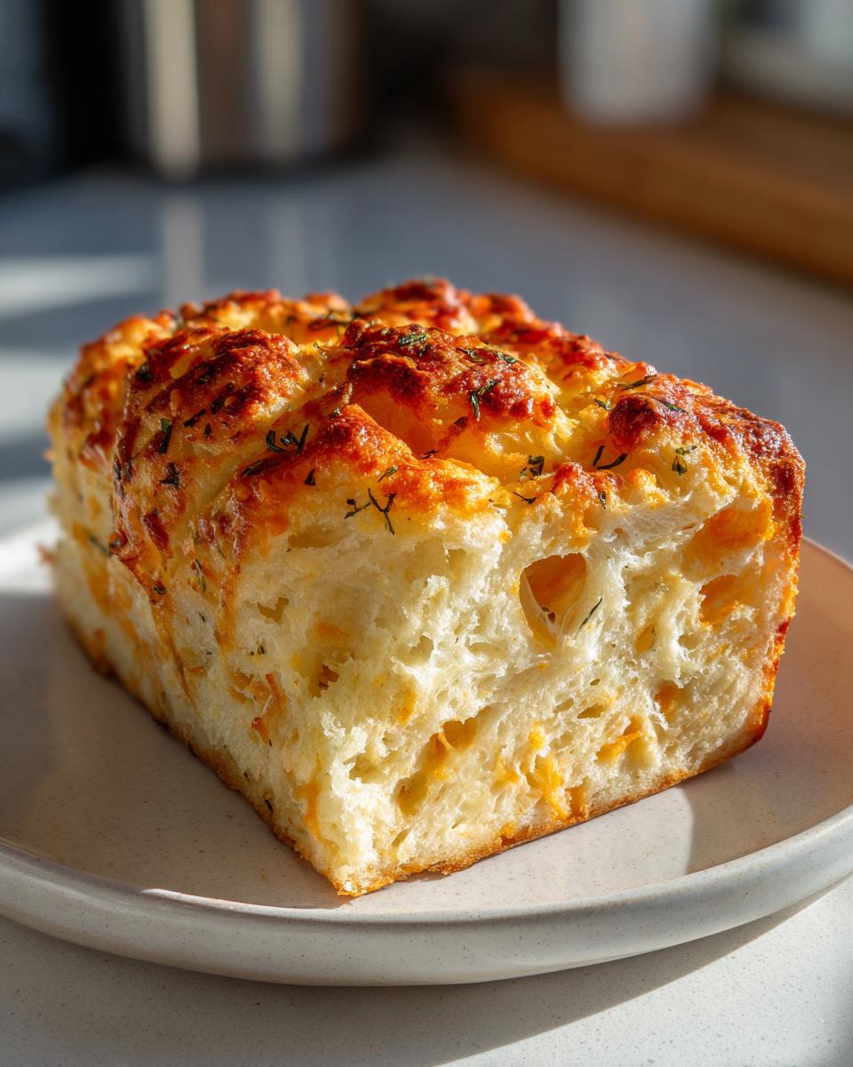 A close-up of a thick, square slice of freshly baked cheese bread with a golden, bubbly, cheesy top.