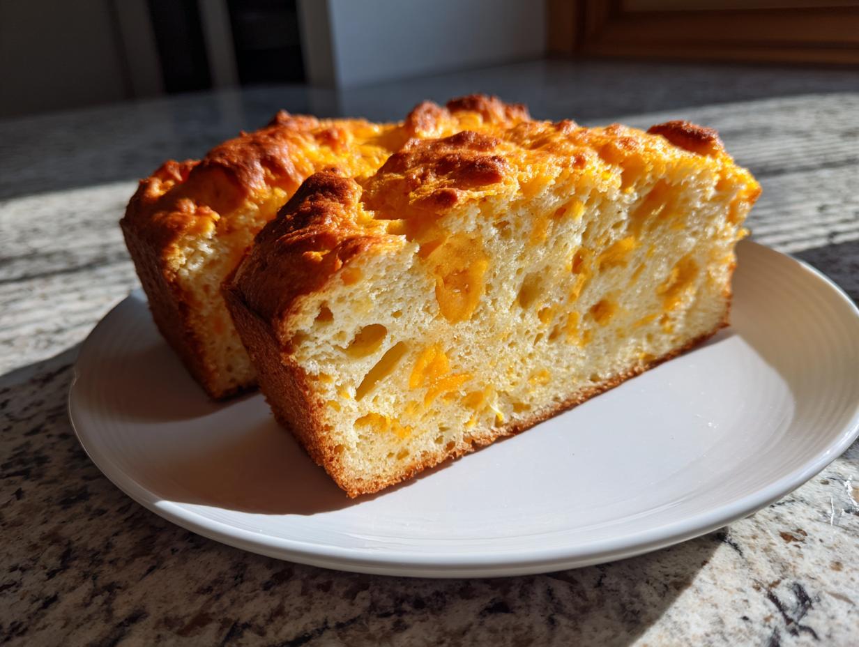 Two thick slices of golden-brown cheese bread, showing melted cheddar pockets inside, resting on a white plate.