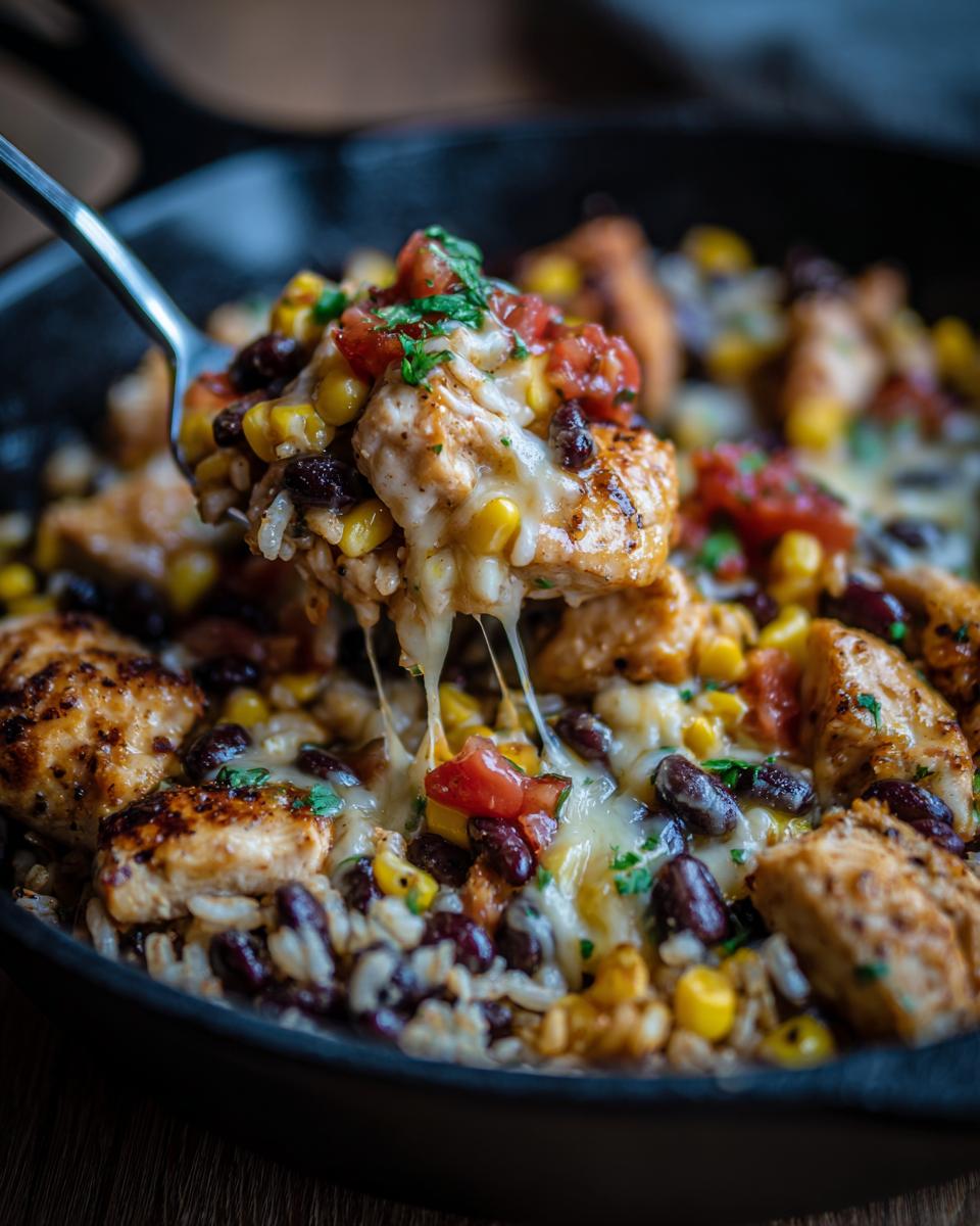 A spoonful of amazing chicken burrito bowl ingredients, featuring grilled chicken, rice, black beans, corn, and melted cheese.