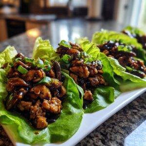 Close-up of three servings of amazing chicken lettuce wraps filled with saucy chicken and mushrooms, topped with green onions.