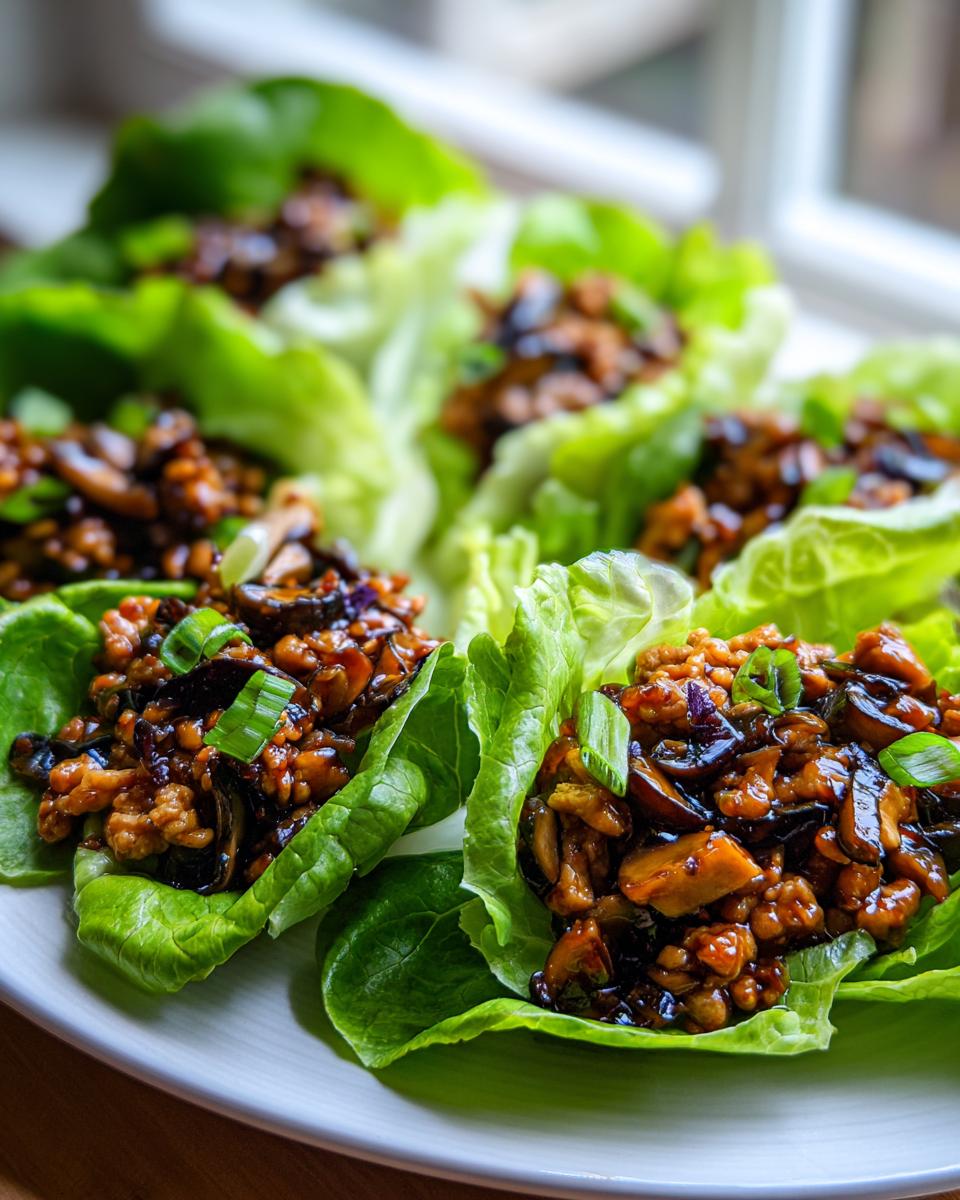 Close-up of several fresh chicken lettuce wraps filled with a dark, savory mixture and topped with green onions.