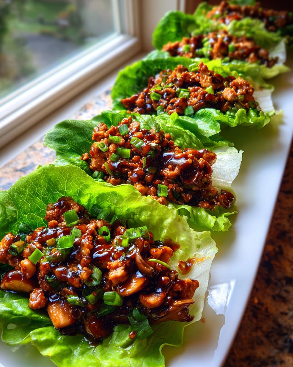 A row of prepared chicken lettuce wraps filled with savory brown filling and topped with green onions.