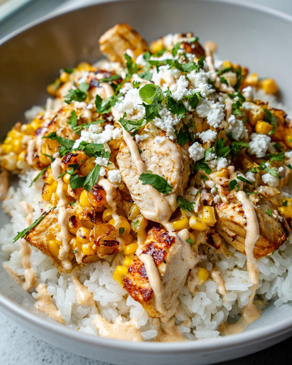 Close-up of a vibrant chicken rice bowl topped with grilled corn, cotija cheese, and creamy sauce.