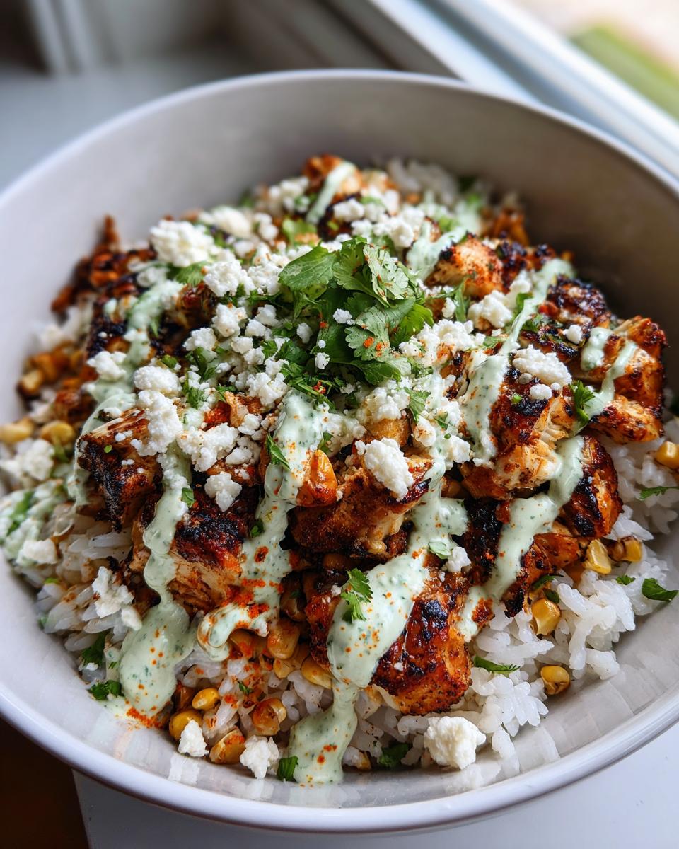 Close-up of a flavorful chicken rice bowl topped with charred chicken, white cheese crumbles, green sauce, and cilantro.