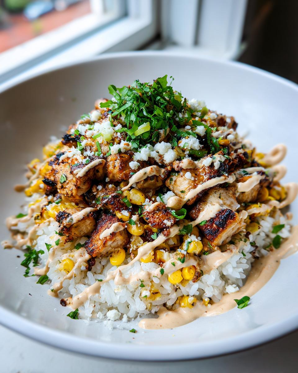 Close-up of a flavorful chicken rice bowl with charred chicken, corn, cotija cheese, and a creamy drizzle.