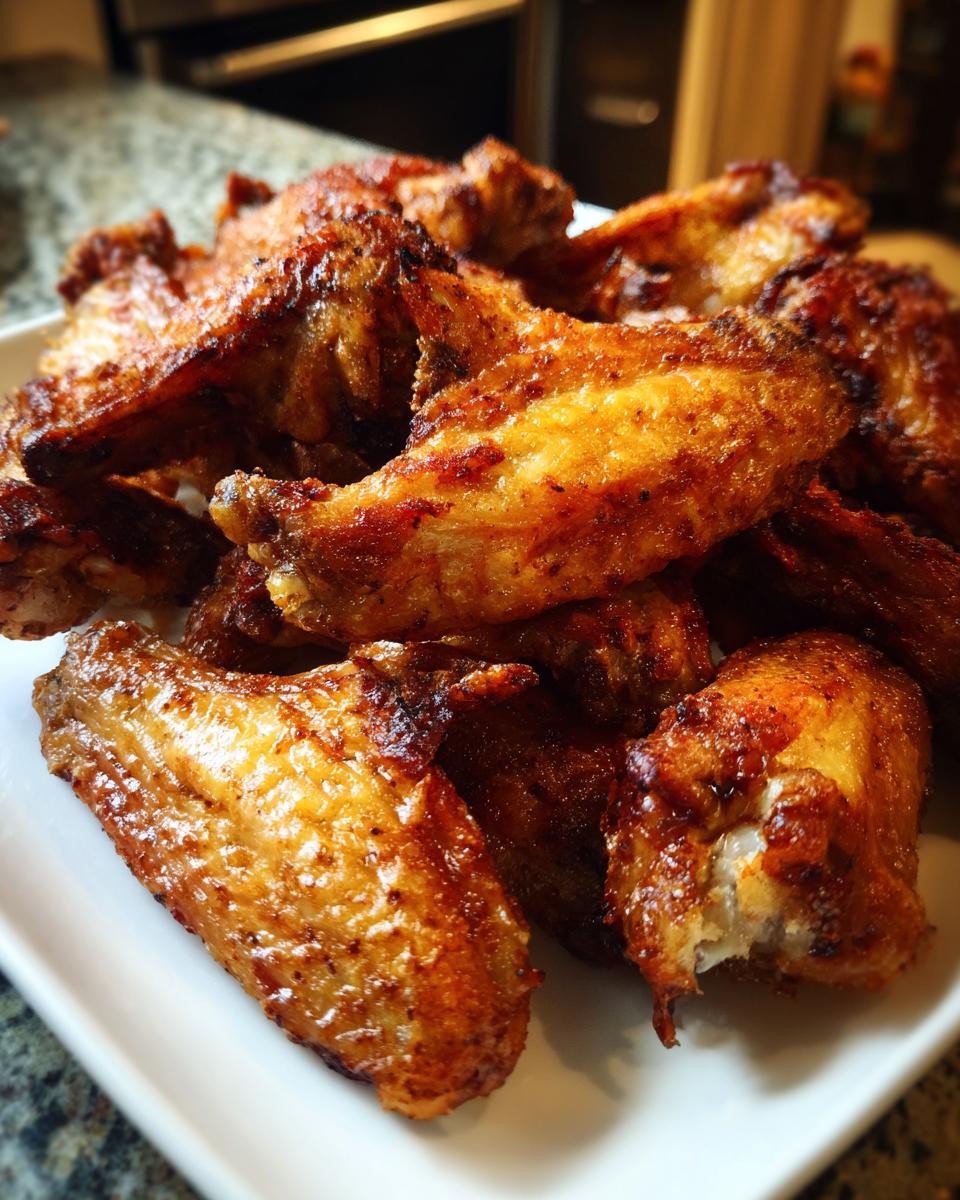 A close-up of a pile of perfectly cooked, golden-brown chicken wing pieces served on a white platter.