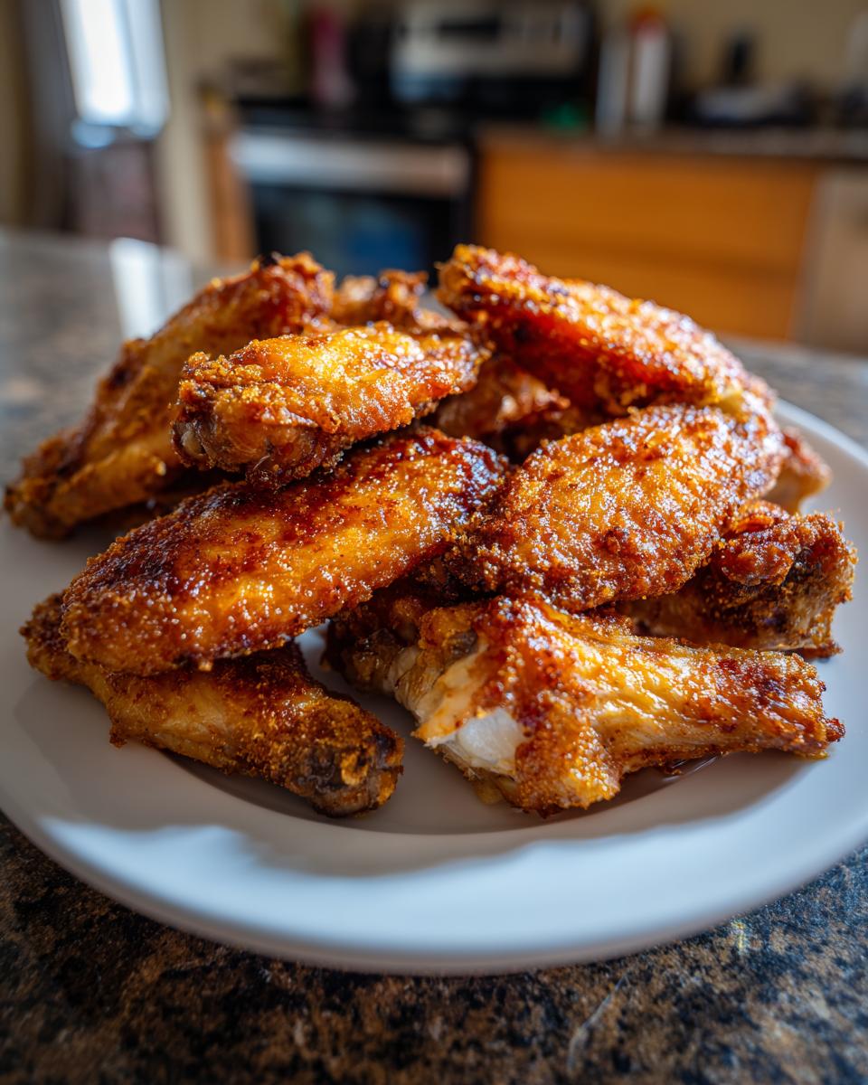 A pile of perfectly cooked, crispy, golden-brown chicken wing pieces stacked on a white plate.