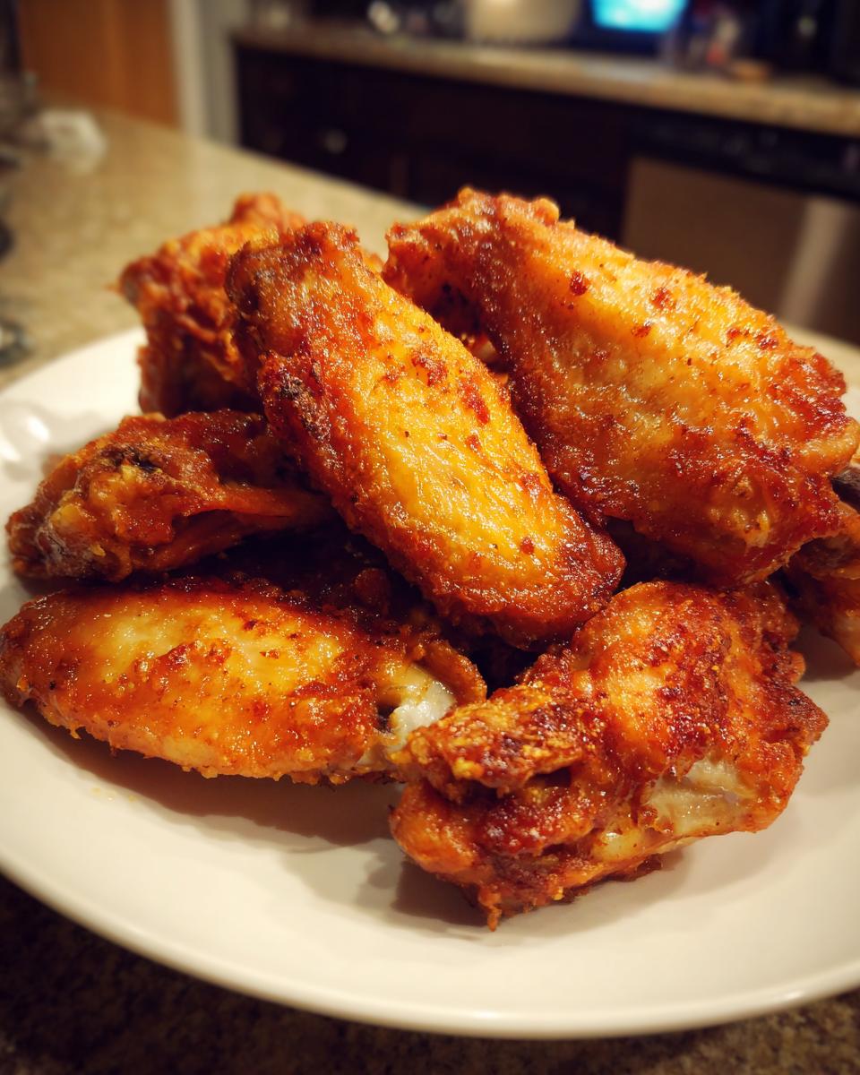 A close-up of several crispy, golden-brown seasoned chicken wing pieces piled high on a white plate.