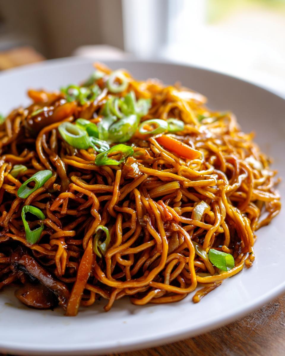 A close-up shot of a generous serving of glossy, dark brown fried noodles topped with fresh green onions.