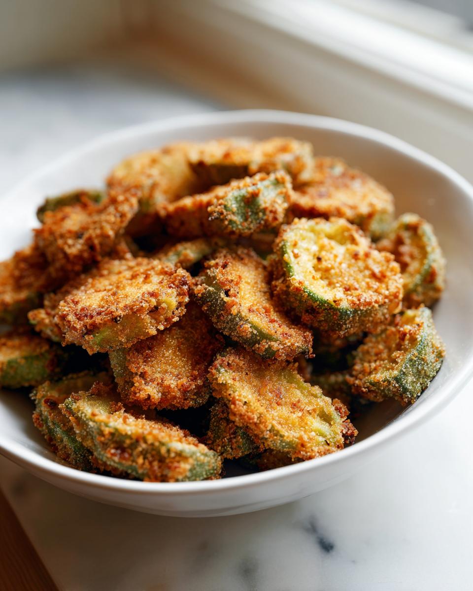 A close-up of a white bowl filled with perfectly golden brown, crispy fried okra slices.