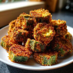 A close-up of a mound of perfectly golden and crispy fried okra slices on a white plate.