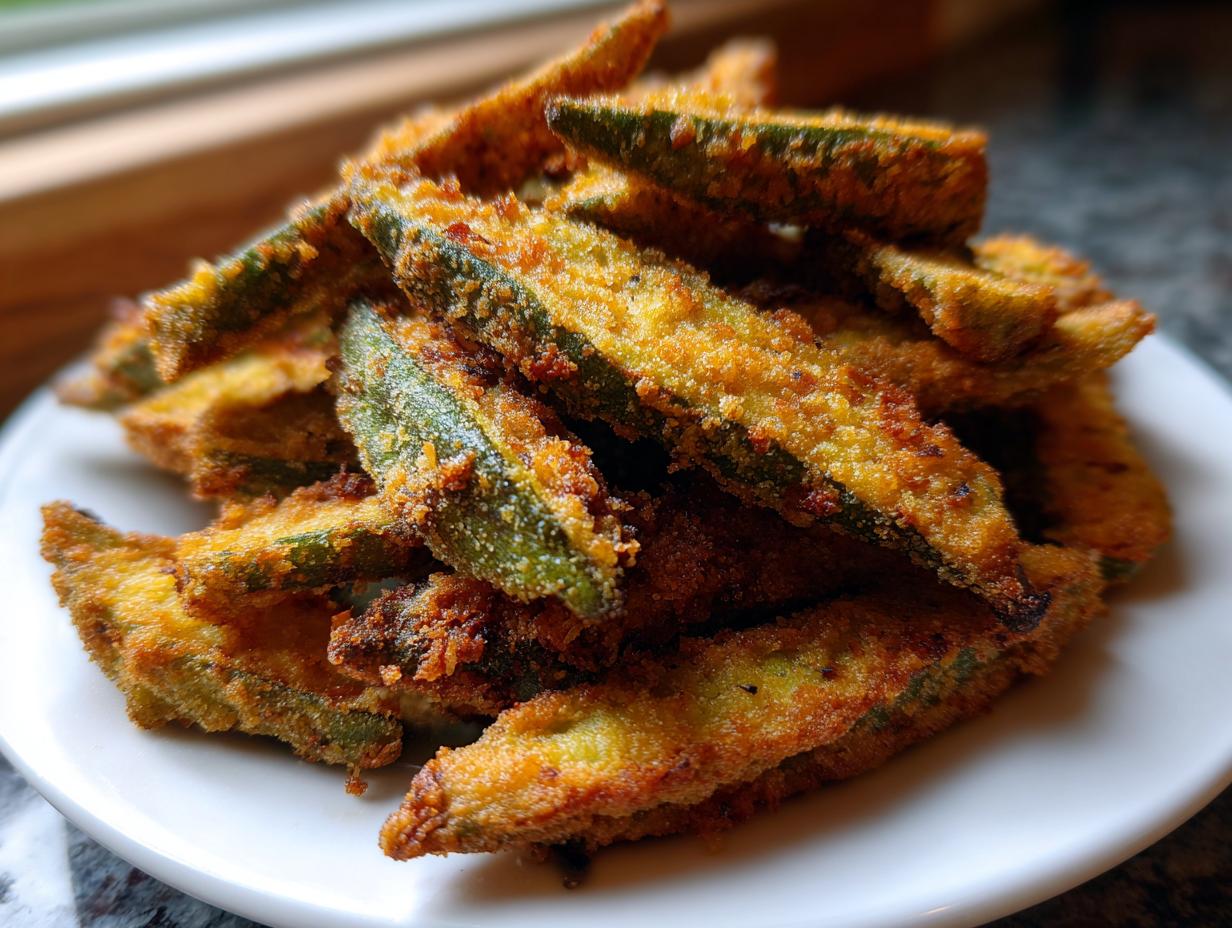 A close-up of a white plate piled high with golden brown, crispy fried okra slices.