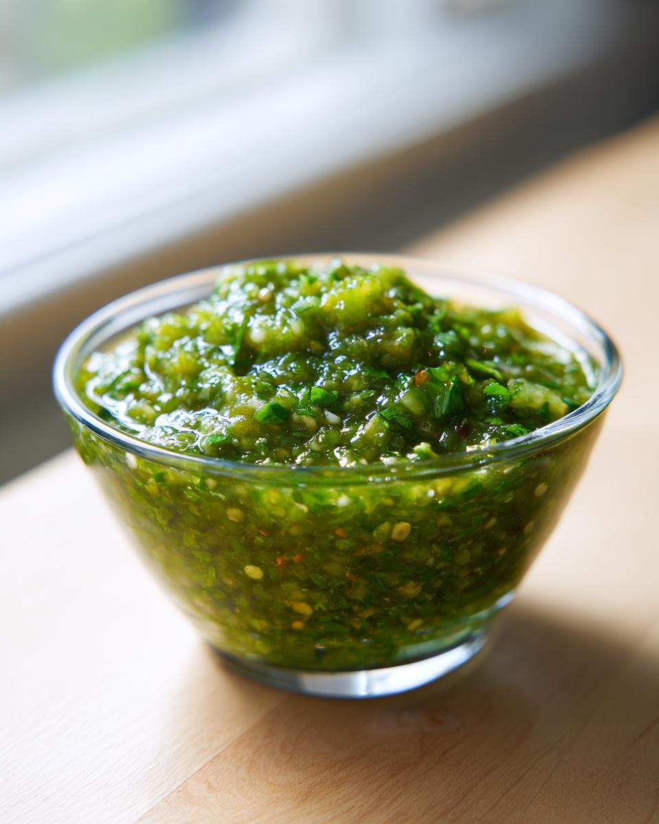 A close-up of vibrant, chunky green tomato salsa served in a clear glass bowl on a wooden surface.