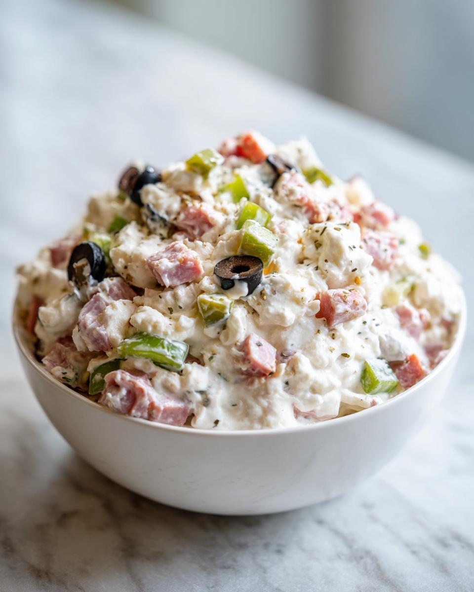 A creamy, chunky hoagie dip loaded with ham, green peppers, and black olives, served in a white bowl.