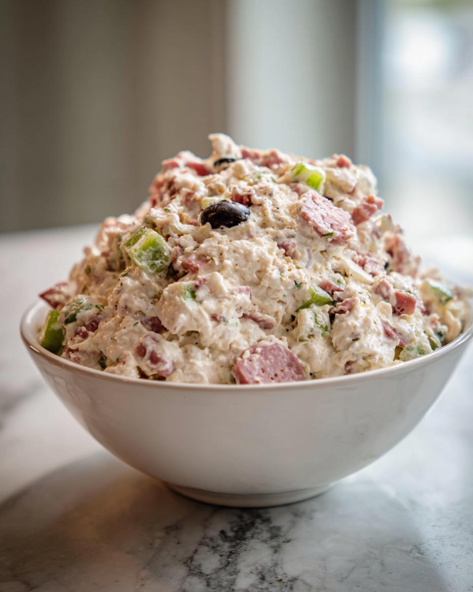 A large white bowl overflowing with creamy hoagie dip, featuring chunks of meat, green peppers, and black olives.