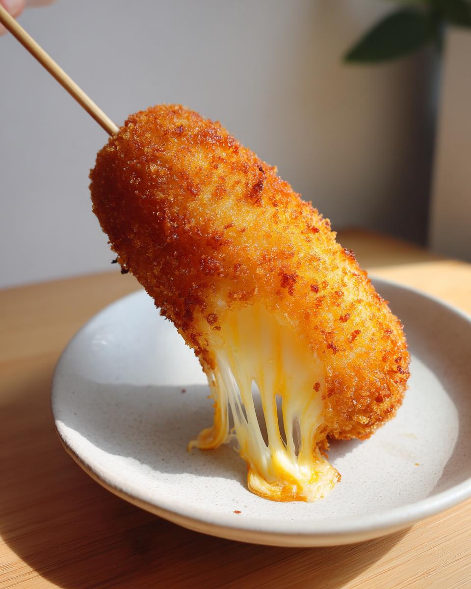 A perfectly fried korean corn dog held on a stick, showing an incredible, stretchy cheese pull dripping onto a small plate.