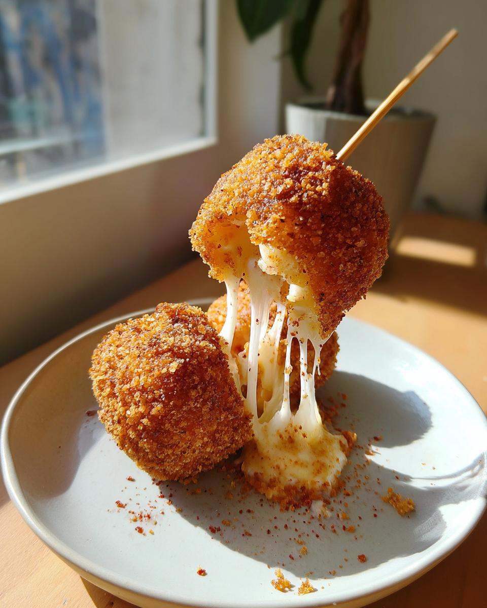 A crispy korean corn dog being pulled apart, showing long, stretchy strings of melted mozzarella cheese.
