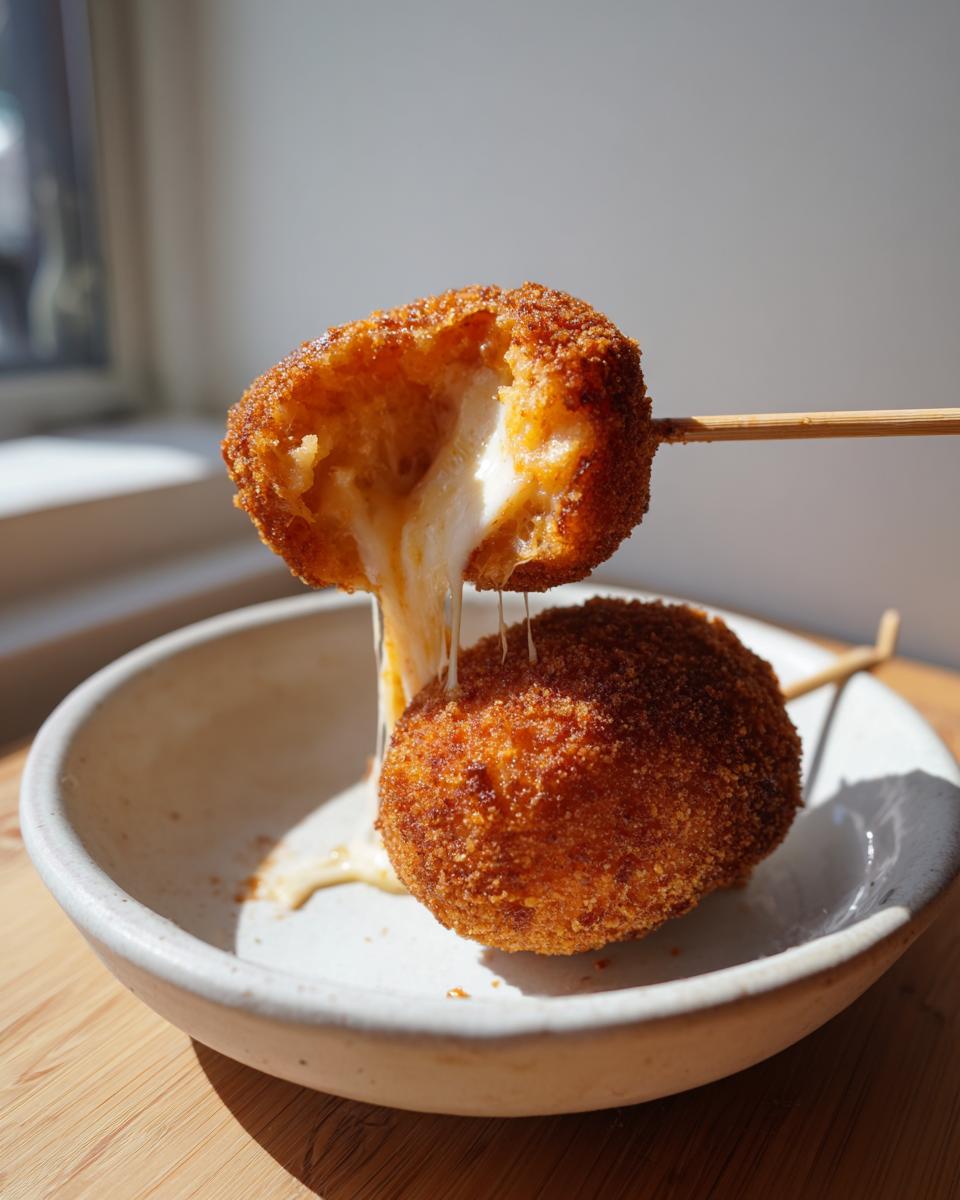 Close-up of a korean corn dog split open on a stick, showing melted cheese stretching out in long strings.