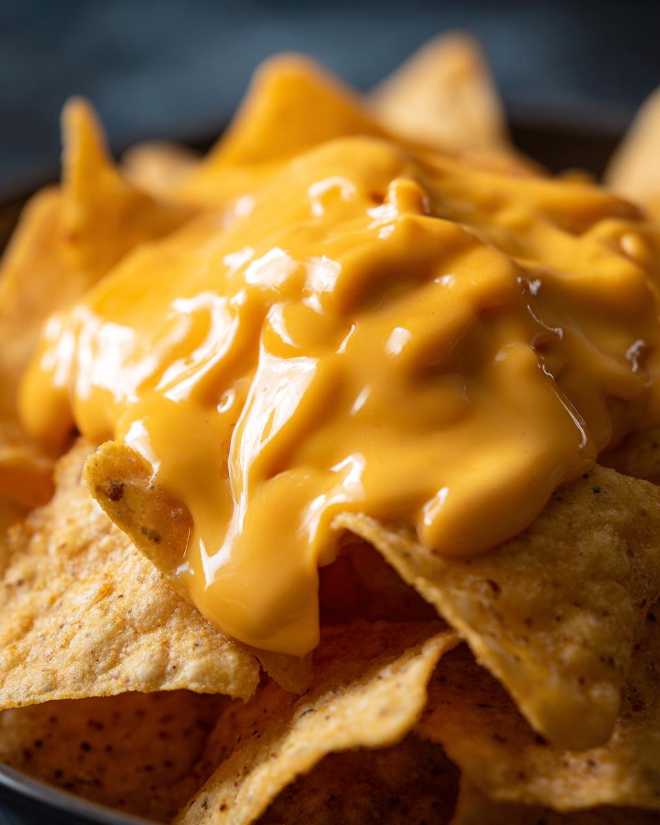 A close-up, appetizing shot of thick, bright orange nacho cheese sauce generously poured over a pile of crispy tortilla chips.