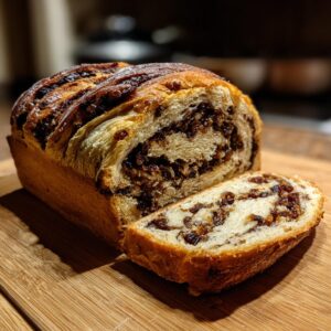 A freshly baked loaf of raisin bread, partially sliced, showing the rich, swirled filling inside.