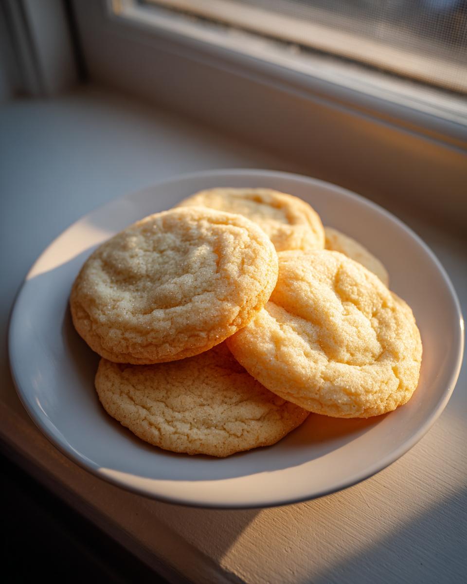 A small white plate holding several golden brown soft sugar cookies, illuminated by warm sunlight near a window.