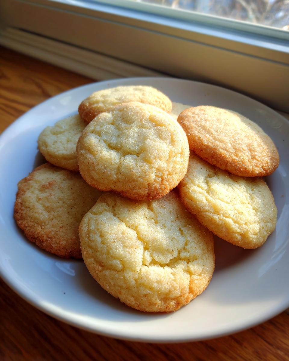 A plate piled high with golden brown soft sugar cookies, glistening with sugar crystals, sitting near a window.