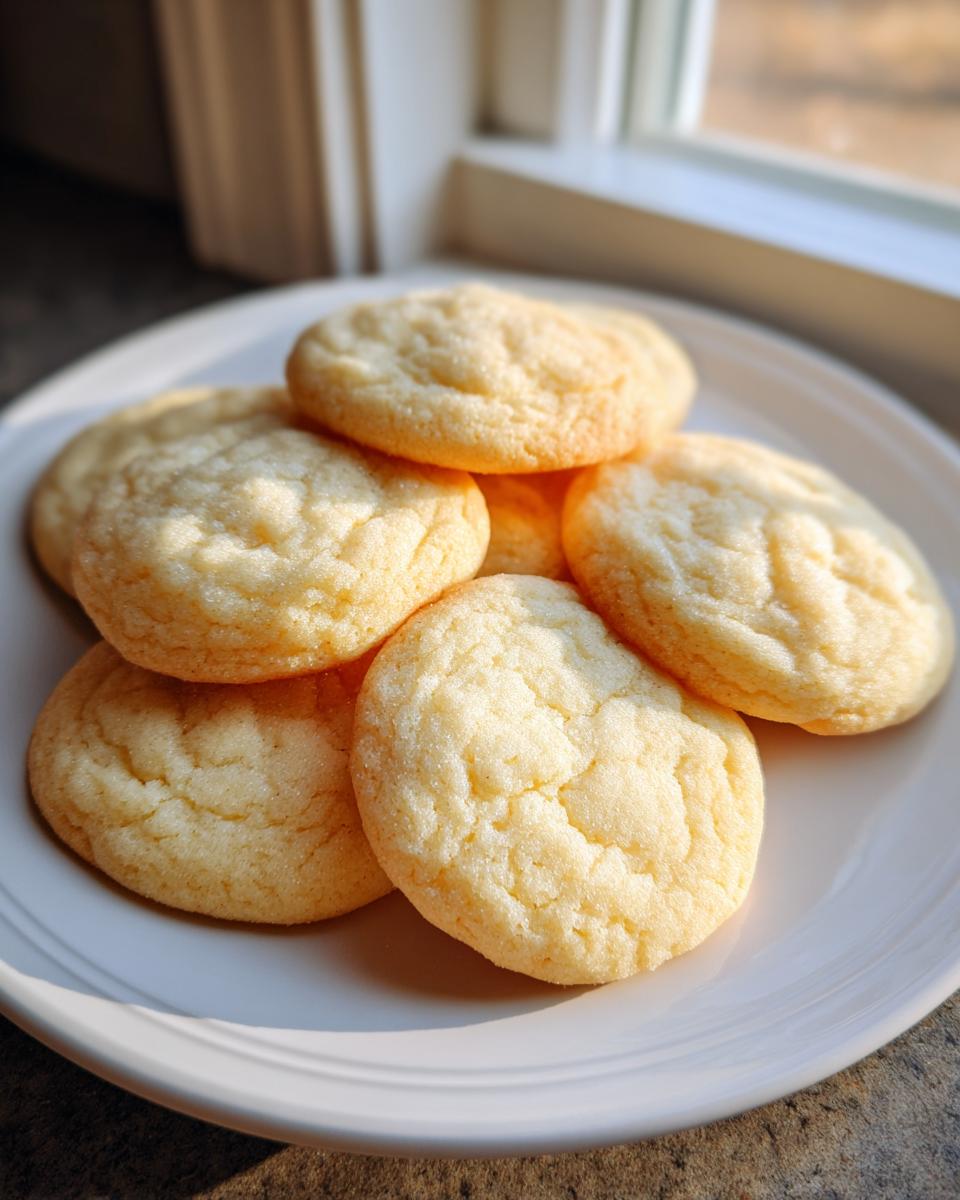 A stack of freshly baked, pale yellow soft sugar cookies piled on a white plate near a window.