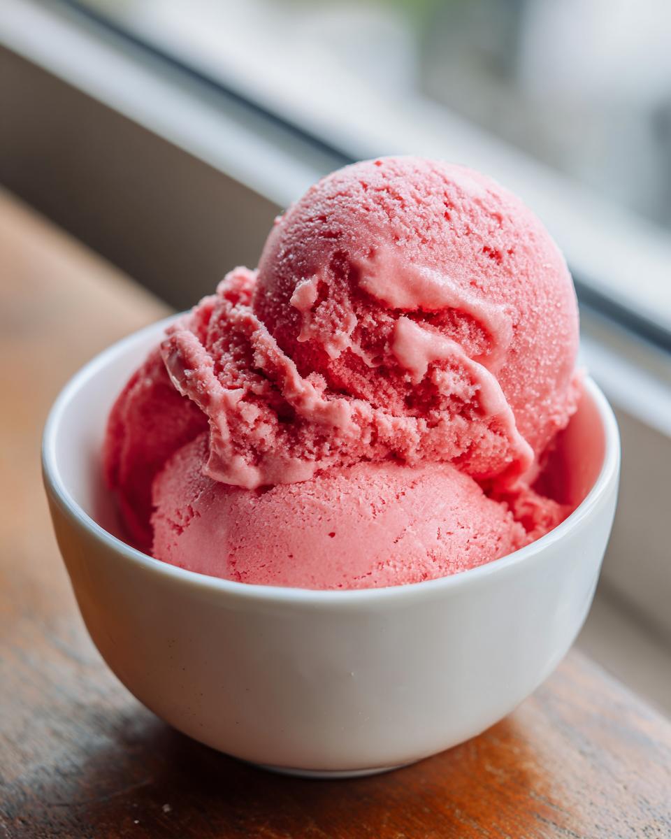 Close-up of three scoops of bright pink strawberry ice cream served in a small white bowl.