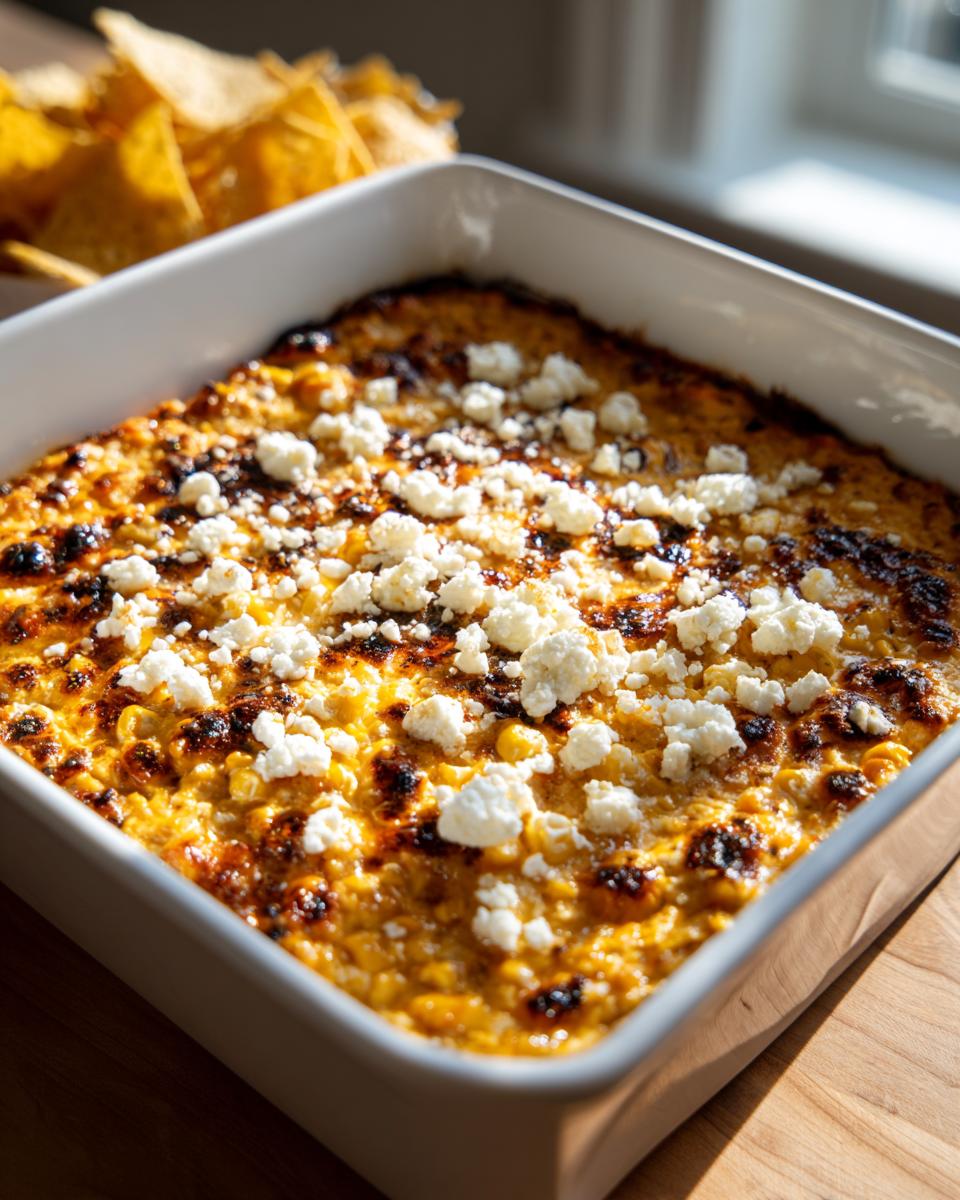 Close-up of a baked street corn dip in a white dish, topped with crumbled white cheese and slightly charred edges.