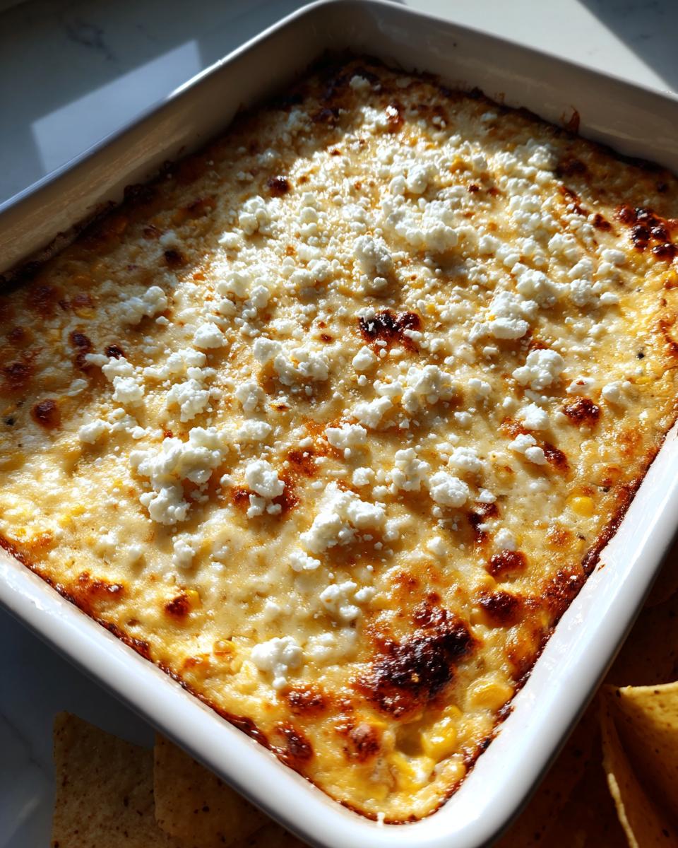 Close-up of hot, baked street corn dip topped with crumbled white cheese in a square white baking dish.