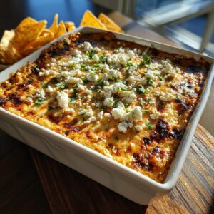A square white baking dish filled with hot, bubbly street corn dip, topped with crumbled white cheese and green herbs, served with tortilla chips.
