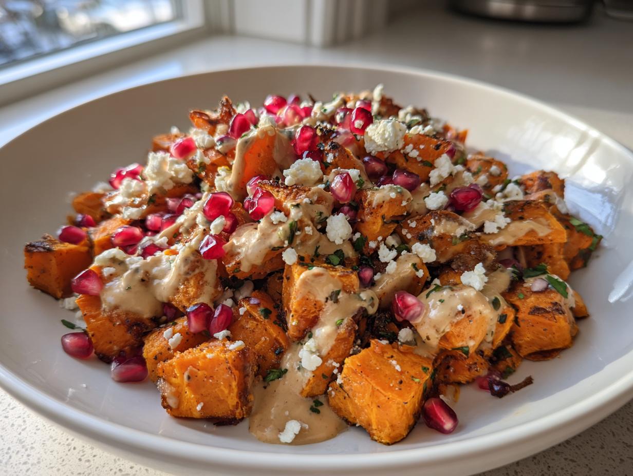 A vibrant bowl of amazing sweet potato salad featuring roasted orange cubes topped with creamy dressing, feta cheese, and bright red pomegranate seeds.