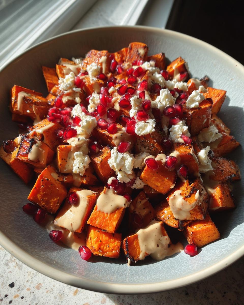 Close-up of a vibrant sweet potato salad featuring roasted orange cubes topped with white cheese, pomegranate seeds, and a creamy dressing.