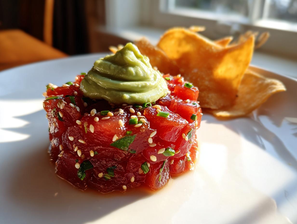A molded serving of vibrant red tuna tartare topped with a swirl of green avocado puree and sesame seeds, served with chips.