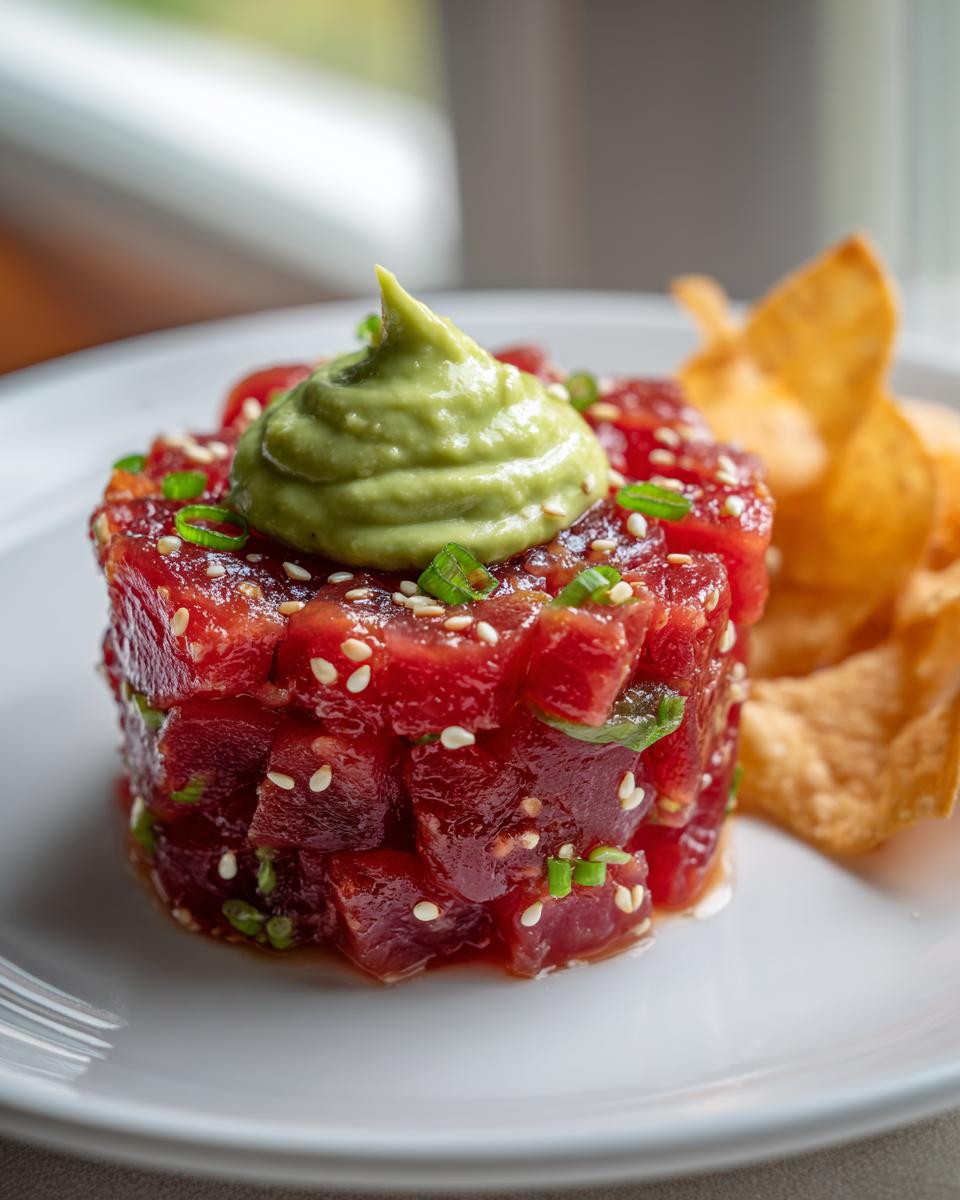 Close-up of vibrant red tuna tartare molded into a cylinder, topped with avocado crema and sesame seeds.