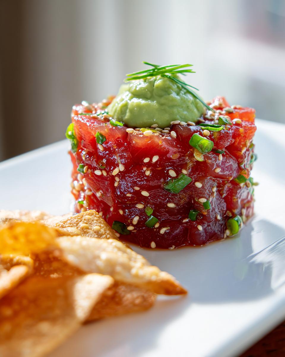 A vibrant, molded serving of fresh tuna tartare sprinkled with sesame seeds and green onions, topped with avocado puree.