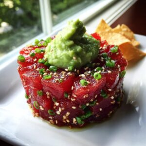 A molded tower of bright red tuna tartare topped with a dollop of green avocado mash and sesame seeds.