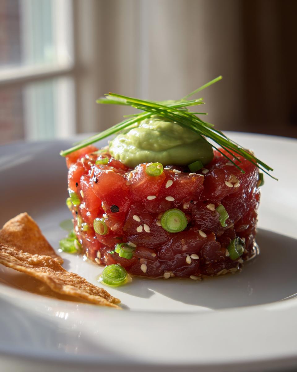 A beautifully molded stack of fresh tuna tartare garnished with sesame seeds, scallions, avocado crema, and chives.