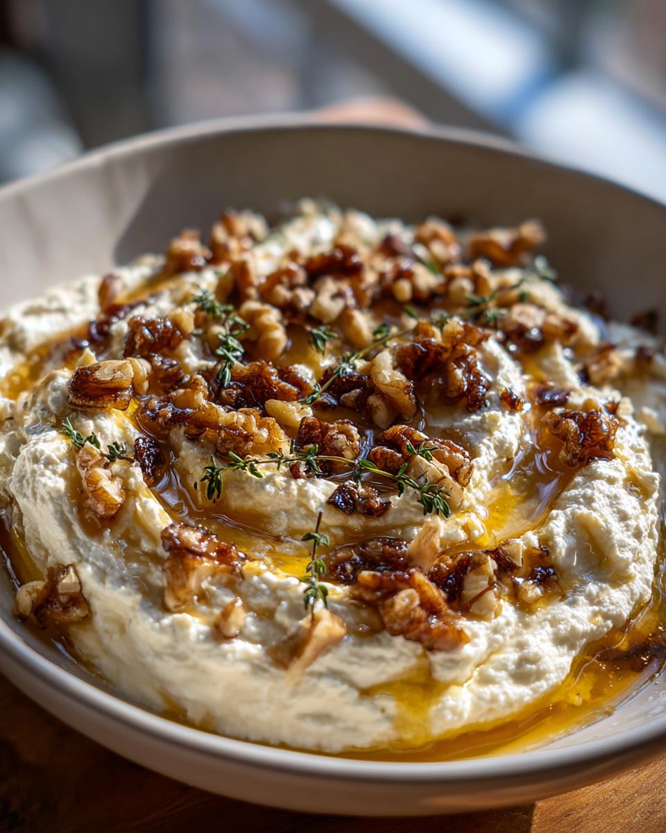 Close-up of a bowl of creamy whipped ricotta dip drizzled with honey and topped with candied walnuts and fresh thyme.